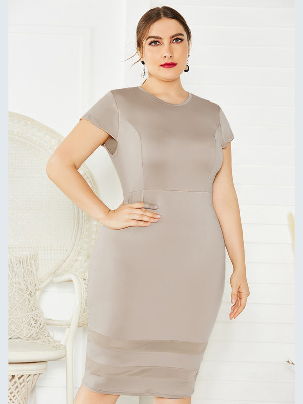 Women's Plus-Size Solid-Colour Round-Neck Short-Sleeve Dress