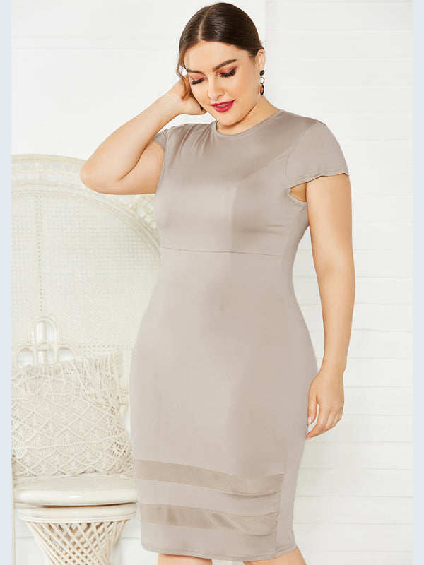 Women's Plus-Size Solid-Colour Round-Neck Short-Sleeve Dress