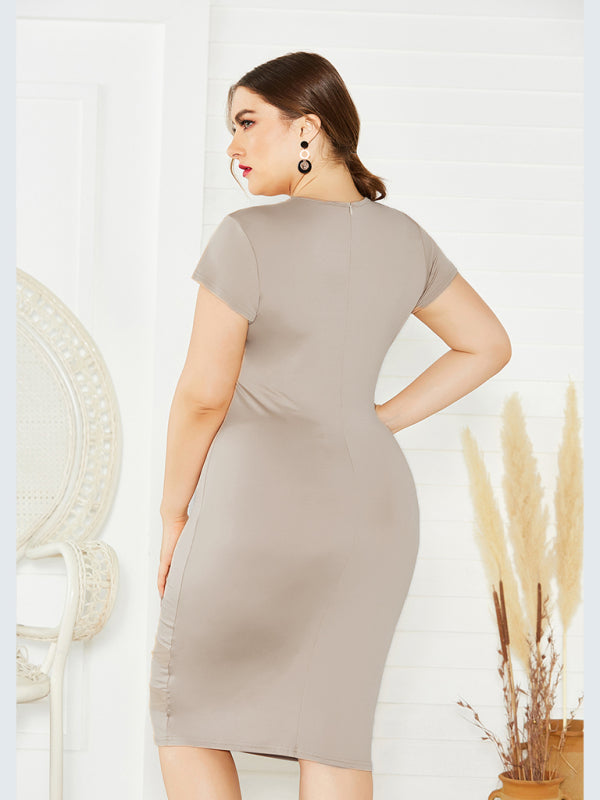 Women's Plus-Size Solid-Colour Round-Neck Short-Sleeve Dress