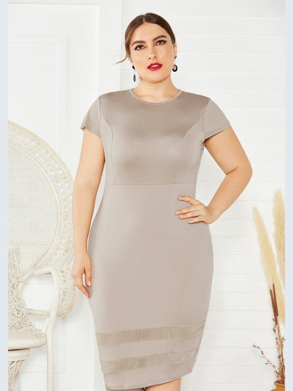 Women's Plus-Size Solid-Colour Round-Neck Short-Sleeve Dress