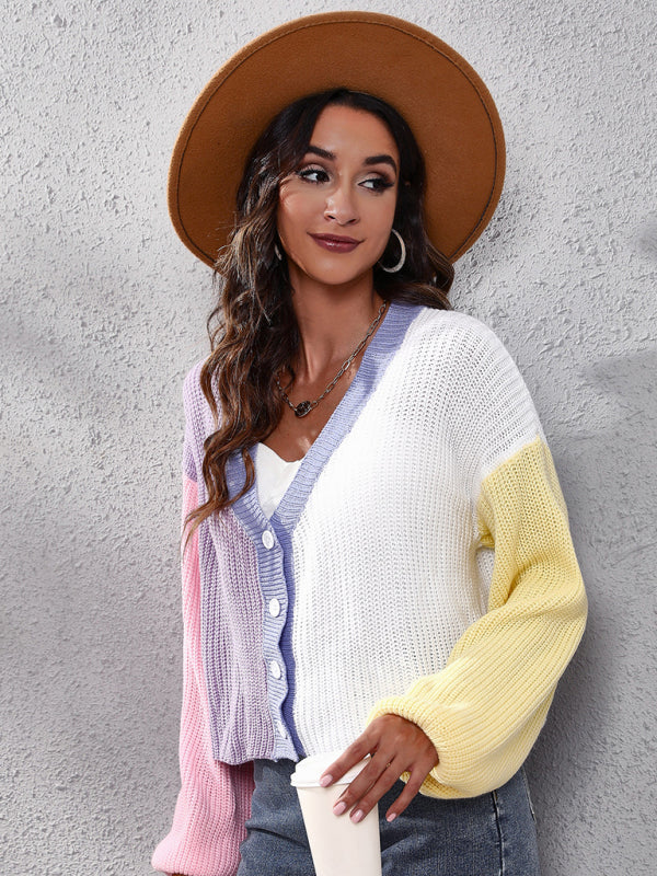 Casual Colour-Block Knit Long-Sleeve Cardigan