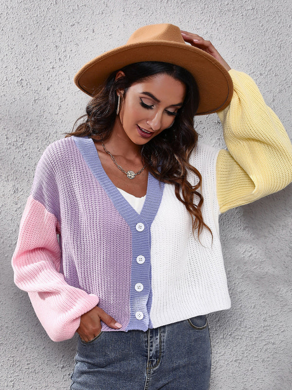 Casual Colour-Block Knit Long-Sleeve Cardigan