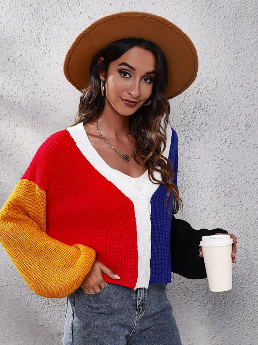 Casual Colour-Block Knit Long-Sleeve Cardigan