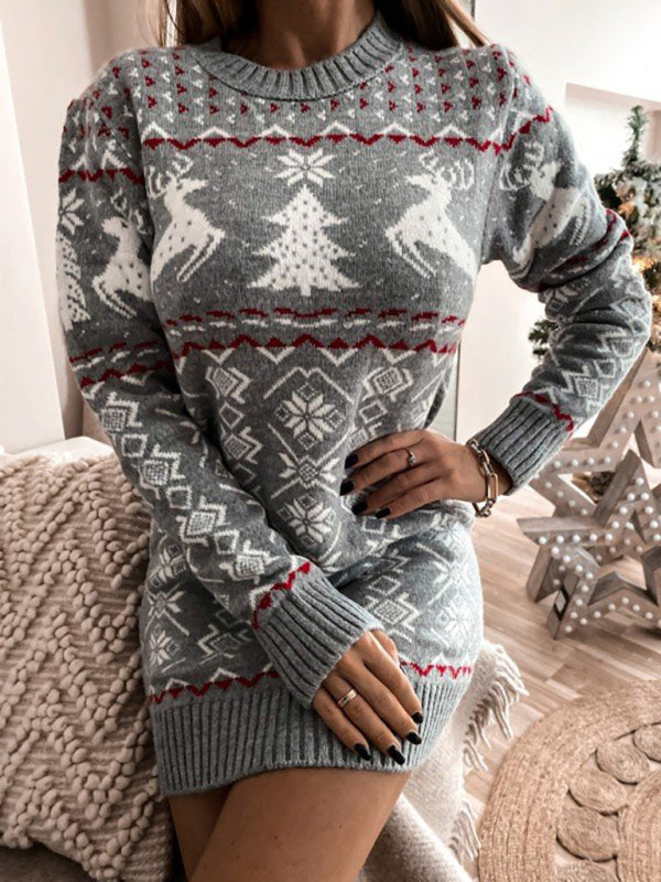Women's Skinny Sexy Christmas Jacquard Long Sleeve Dress