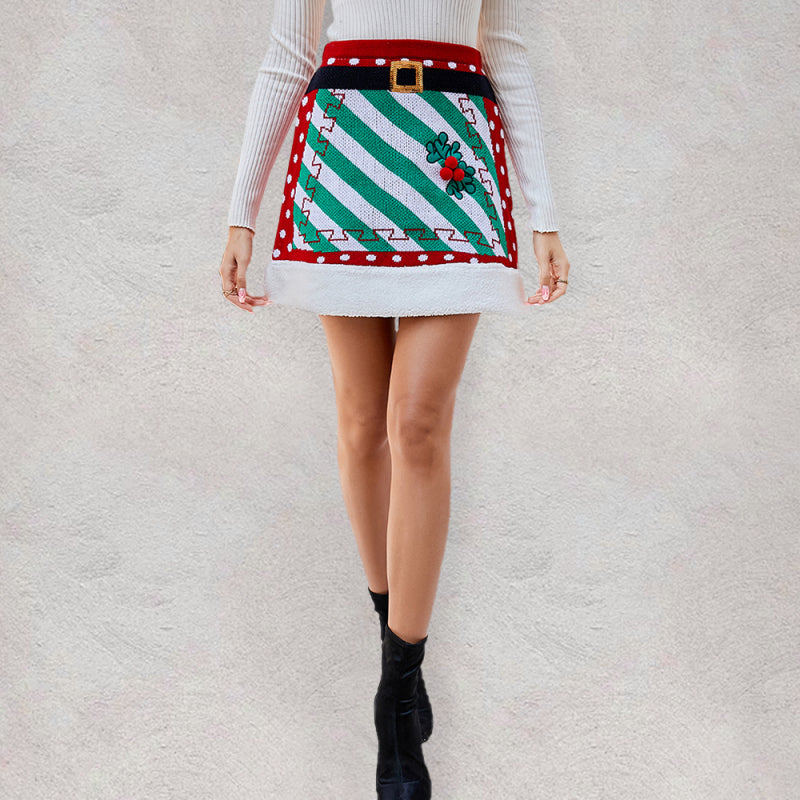 Women's Christmas Patchwork Knit A-Line Skirt