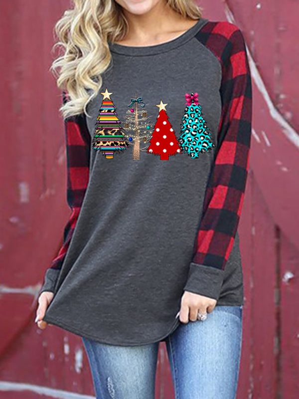 Festive Plaid Sleeve Christmas Knit Top