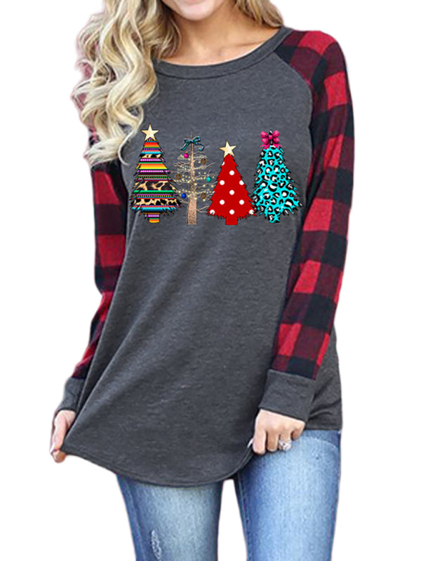 Festive Plaid Sleeve Christmas Knit Top