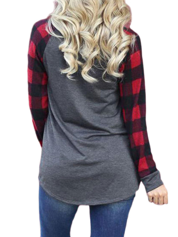 Festive Plaid Sleeve Christmas Knit Top