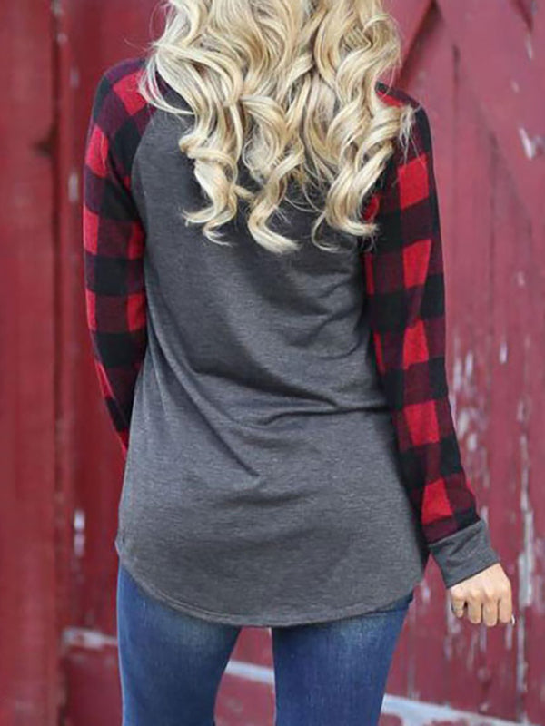 Festive Plaid Sleeve Christmas Knit Top