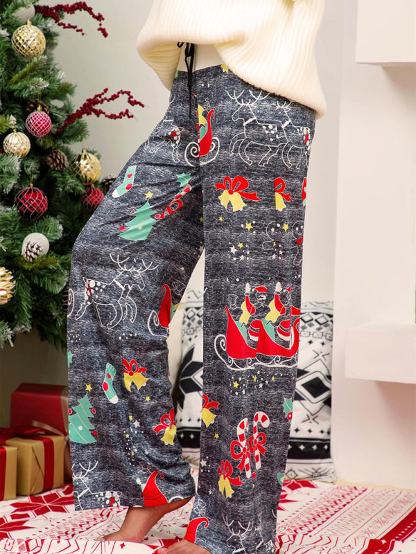 Women's Christmas Print Panel Casual Wide Leg Pants