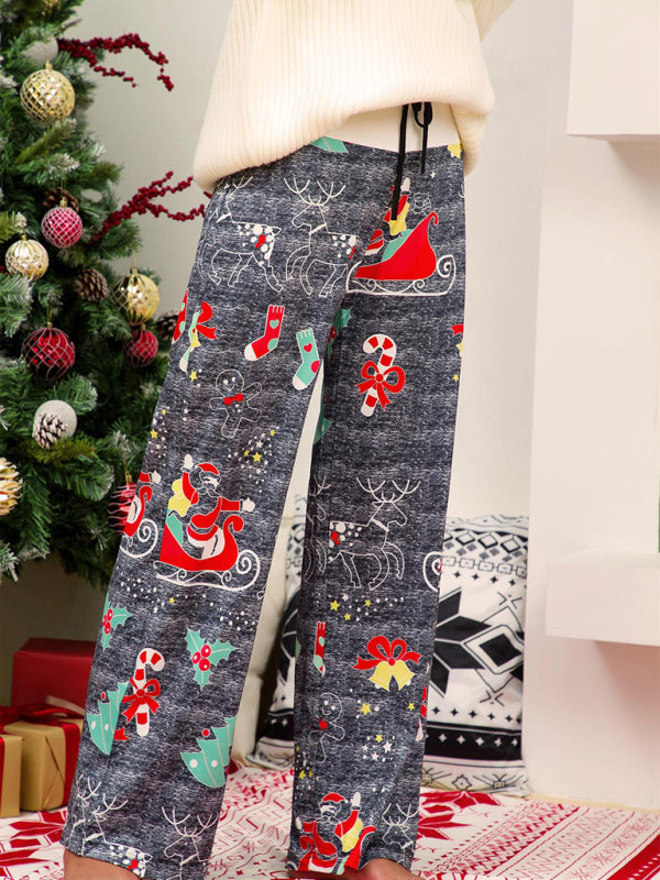 Women's Christmas Print Panel Casual Wide Leg Pants