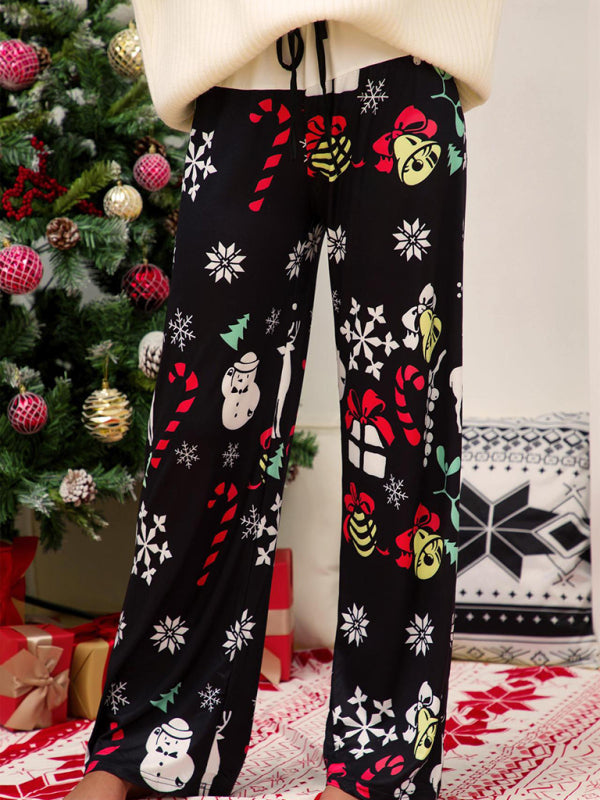 Women's Christmas Print Panel Casual Wide Leg Pants