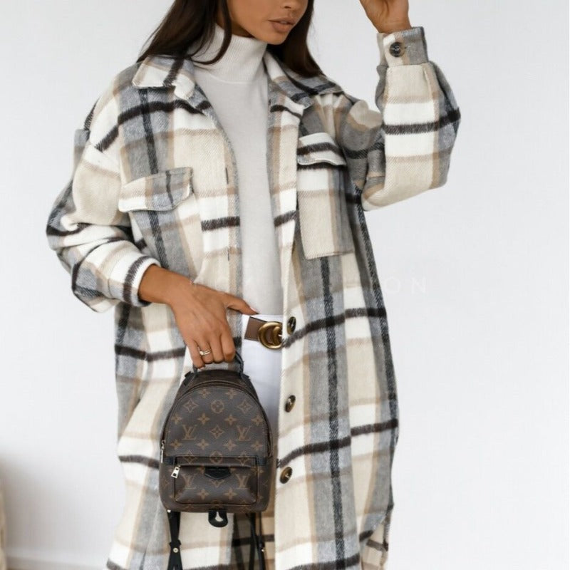 Plaid Print Midi Shirt Coat