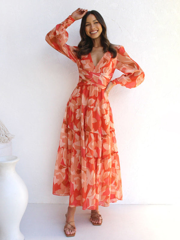 V-Neck Long-Sleeved Floral Dress