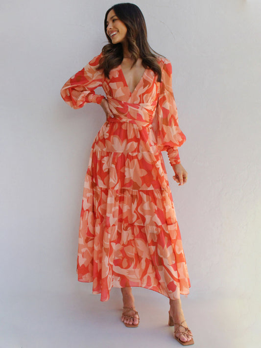 V-Neck Long-Sleeved Floral Dress