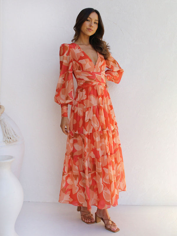 V-Neck Long-Sleeved Floral Dress