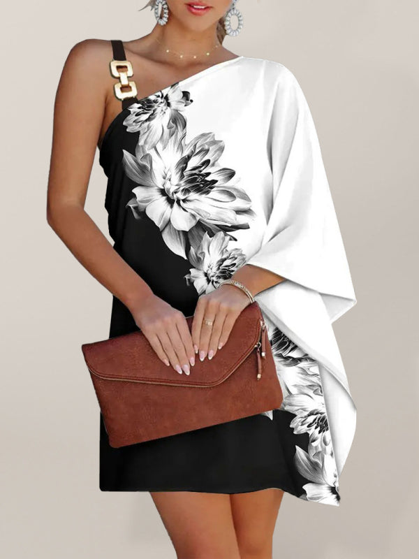 Fashion Print Diagonal-Neck Strapless Dress