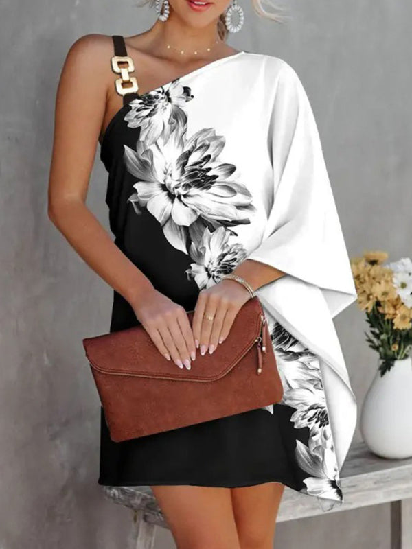 Fashion Print Diagonal-Neck Strapless Dress