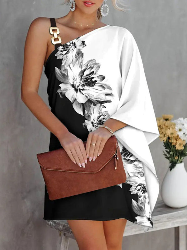 Fashion Print Diagonal-Neck Strapless Dress