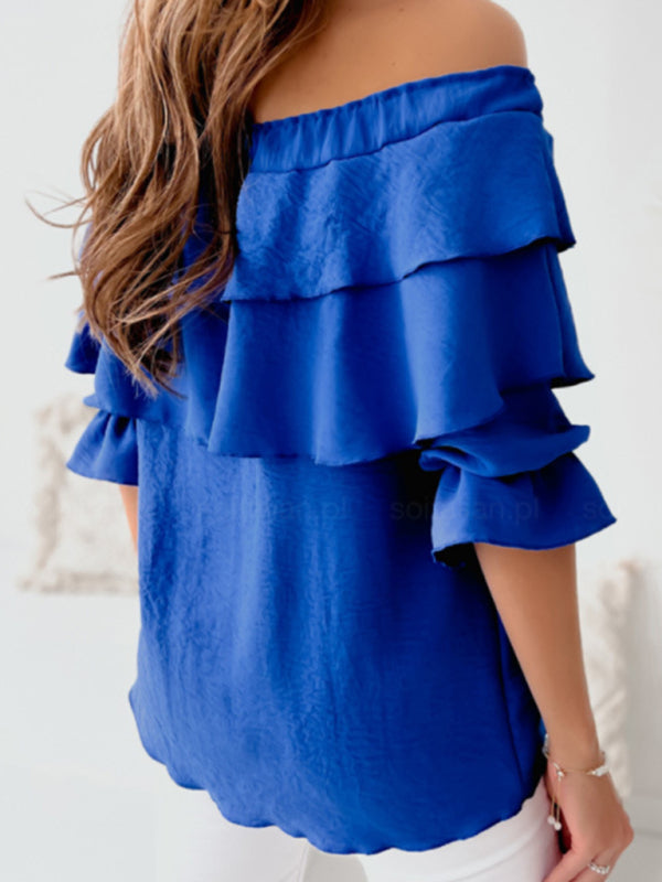 Boat-Neck Tie Ruffle Track Blouse