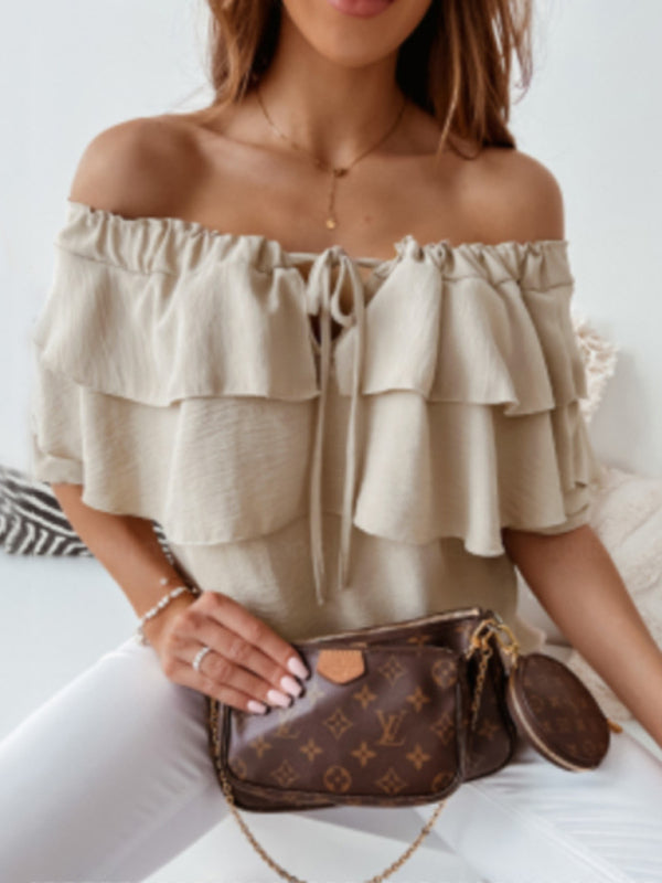 Boat-Neck Tie Ruffle Track Blouse