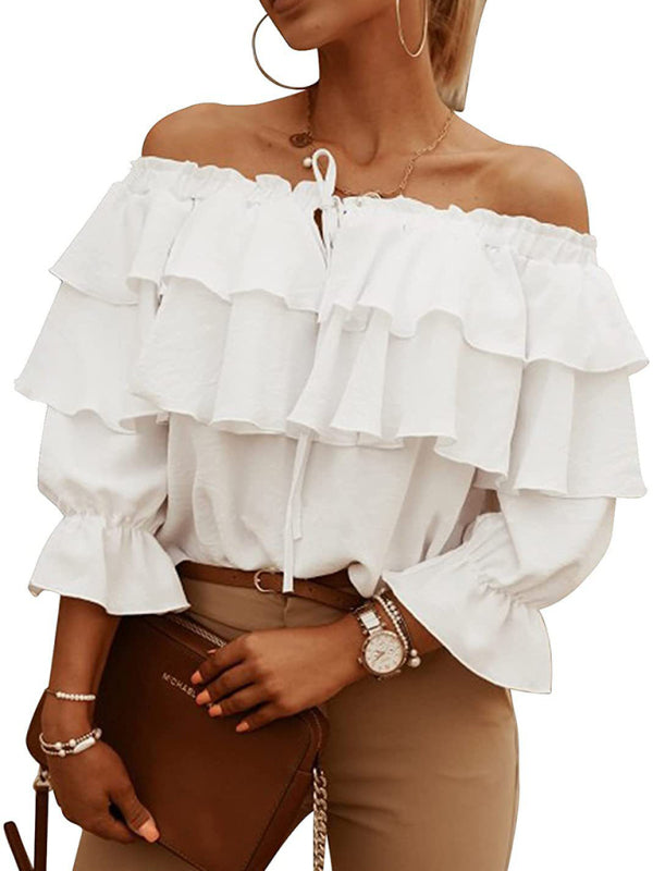 Boat-Neck Tie Ruffle Track Blouse