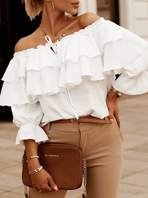 Boat-Neck Tie Ruffle Track Blouse