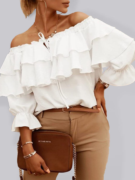 Boat-Neck Tie Ruffle Track Blouse