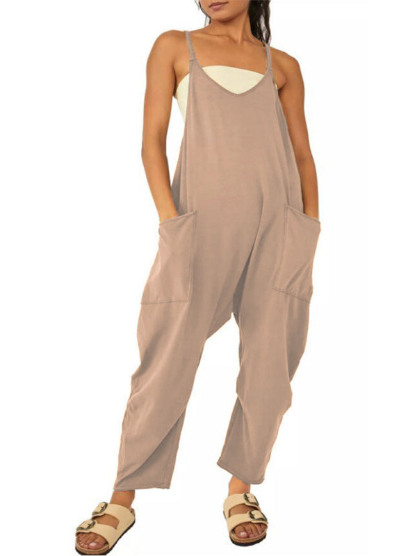 V-Neck Suspender Pocket Jumpsuit