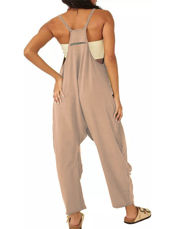 V-Neck Suspender Pocket Jumpsuit