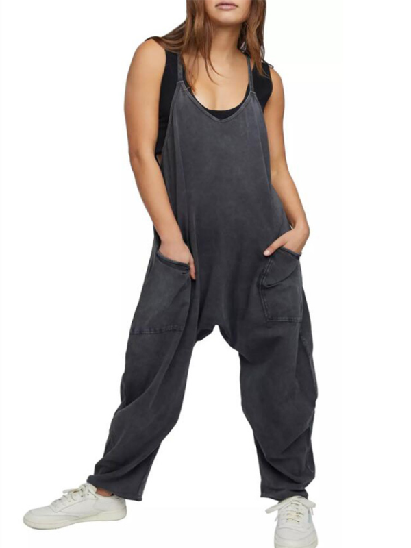 V-Neck Suspender Pocket Jumpsuit