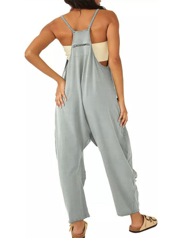 V-Neck Suspender Pocket Jumpsuit