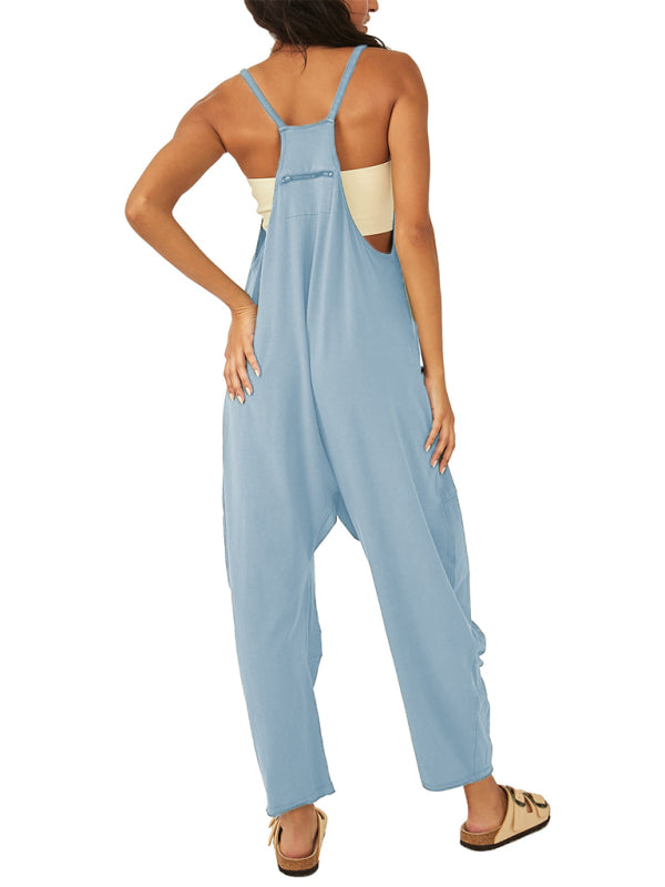 V-Neck Suspender Pocket Jumpsuit