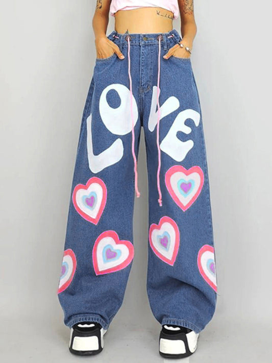 Heart Graffiti-Print Loose Jeans