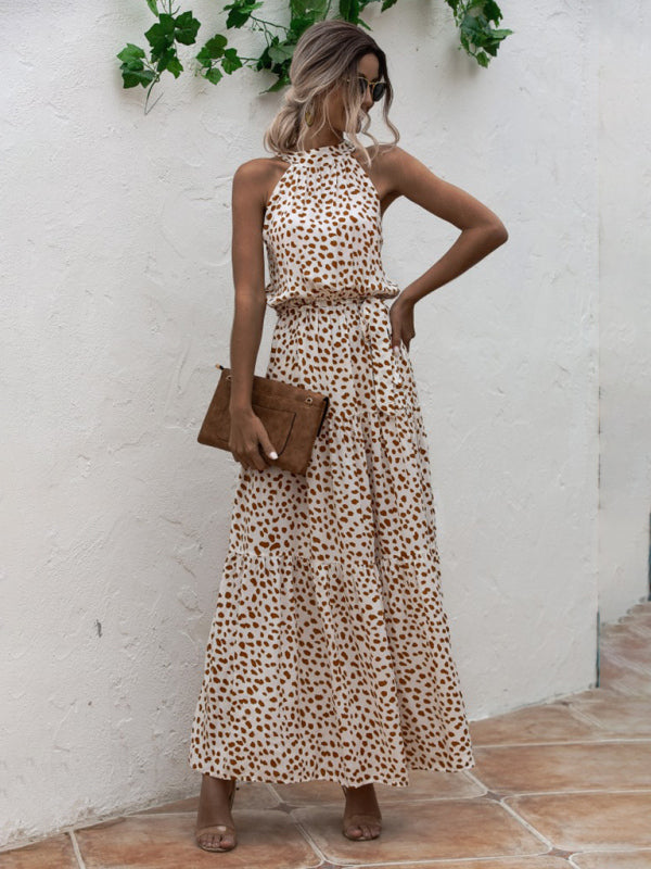 New Polka Dot Print Halter-Neck Tie Dress