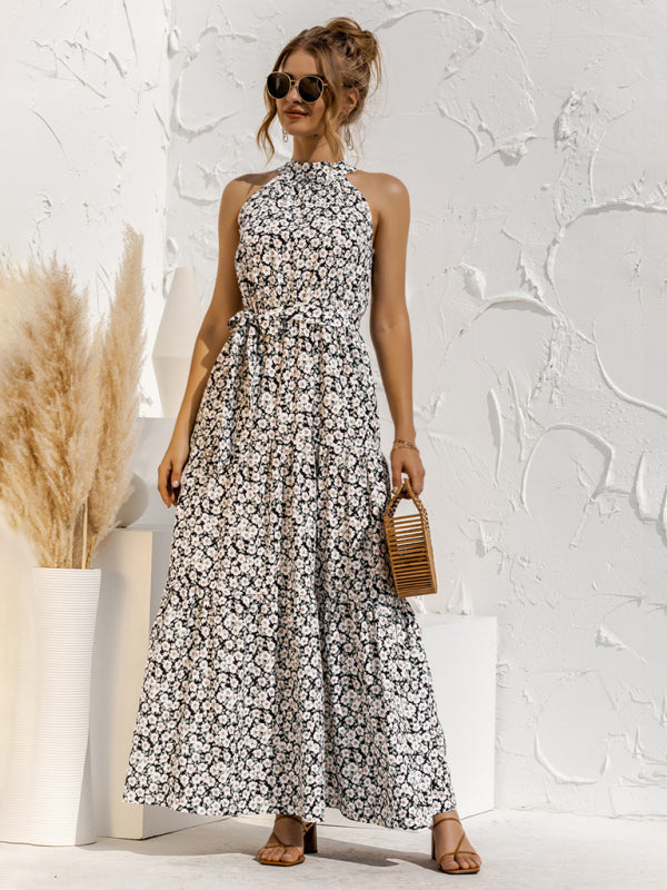 New Polka Dot Print Halter-Neck Tie Dress