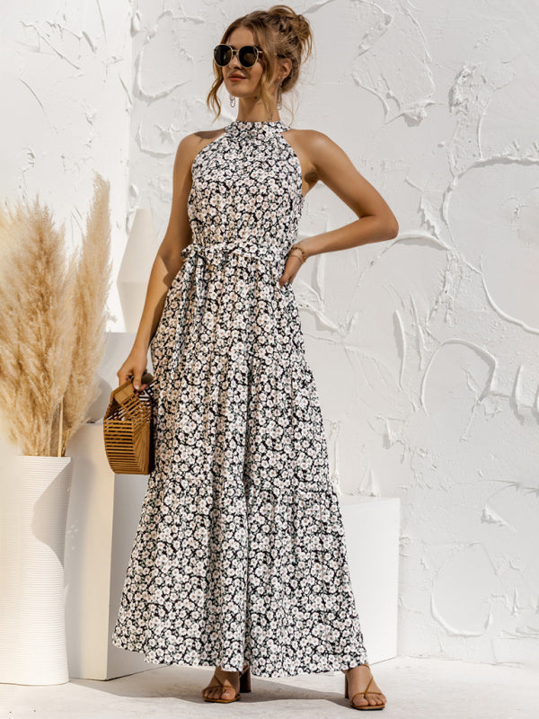 New Polka Dot Print Halter-Neck Tie Dress