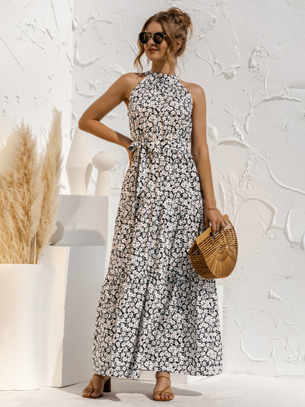 New Polka Dot Print Halter-Neck Tie Dress