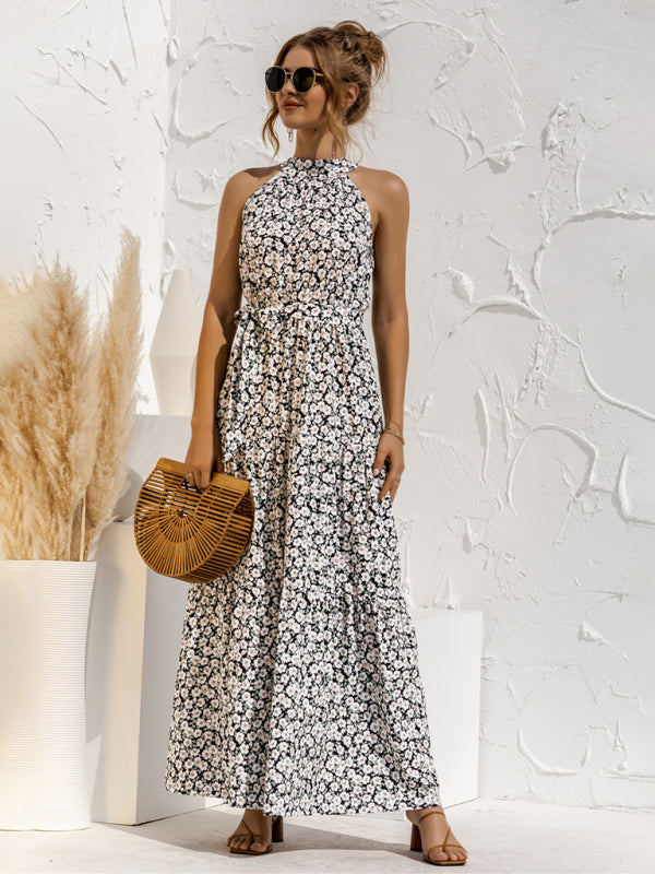 New Polka Dot Print Halter-Neck Tie Dress