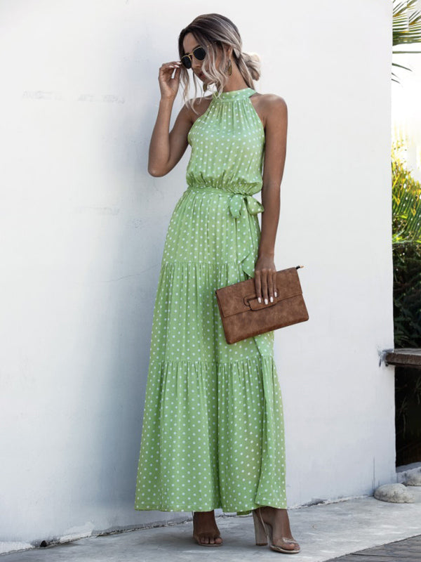 New Polka Dot Print Halter-Neck Tie Dress