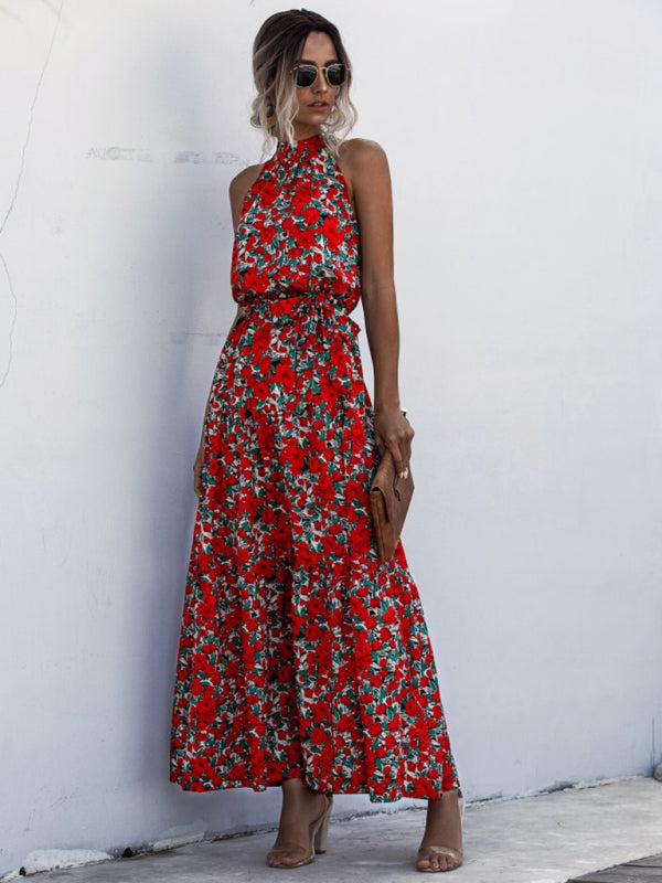 New Polka Dot Print Halter-Neck Tie Dress