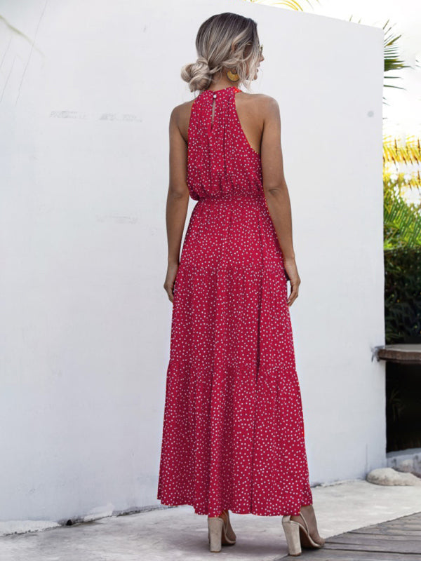 New Polka Dot Print Halter-Neck Tie Dress