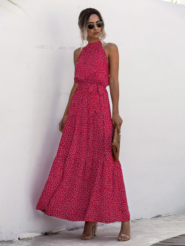 New Polka Dot Print Halter-Neck Tie Dress