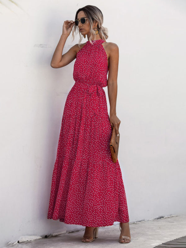 New Polka Dot Print Halter-Neck Tie Dress