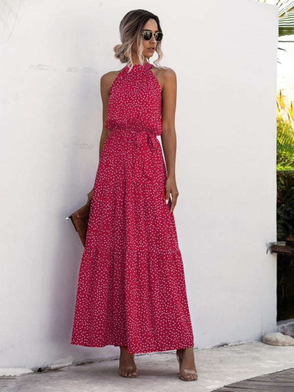 New Polka Dot Print Halter-Neck Tie Dress