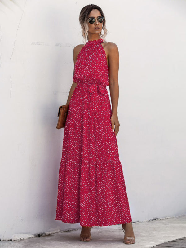 New Polka Dot Print Halter-Neck Tie Dress