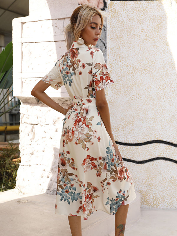 Elegant Floral Lapel-Collar Knit Vacation Dress