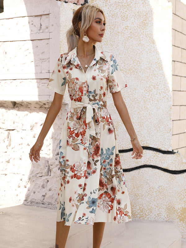Elegant Floral Lapel-Collar Knit Vacation Dress