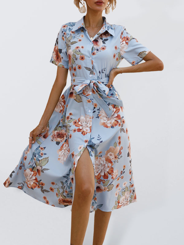 Elegant Floral Lapel-Collar Knit Vacation Dress