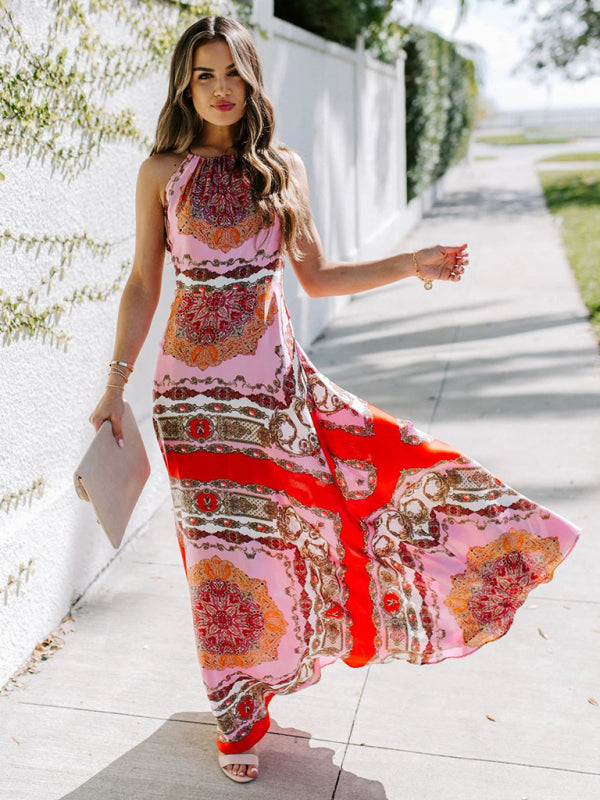 Printed Halter-Neck High-Waist Scheming Red Temperament Commuter Dress